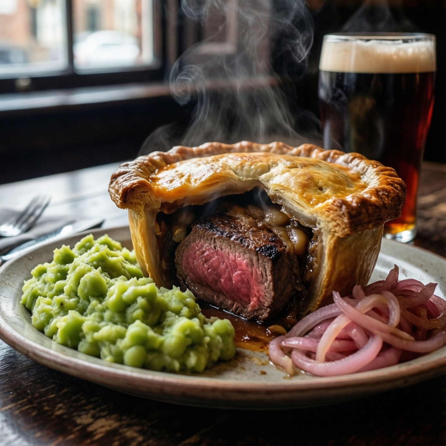 English Pub 桌布 壁紙 — 一個冒煙嘅美味批，中間有 juicy 牛肉餡，旁邊係薯蓉豌豆同醃洋蔥，放喺 rustic 碟上。