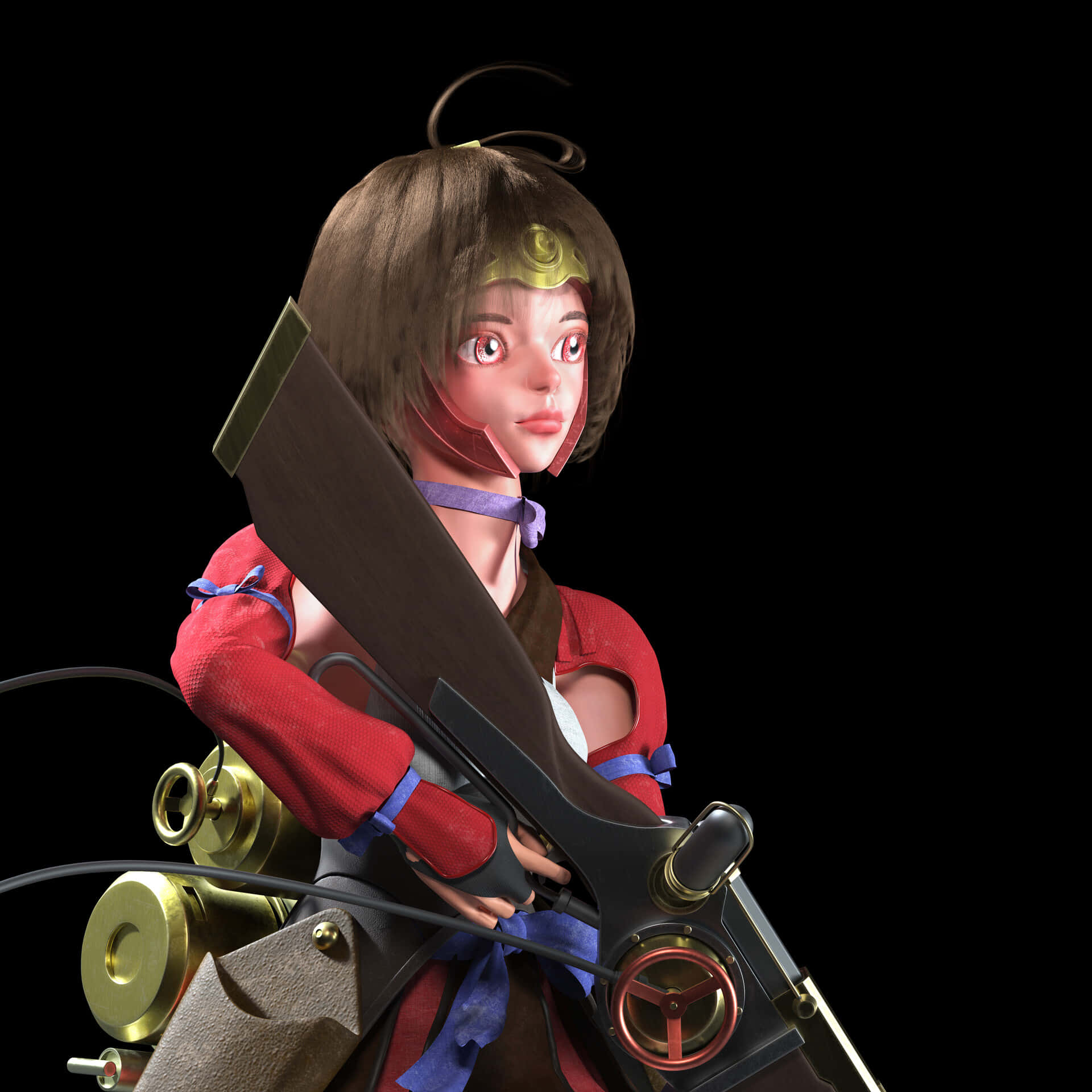 Kabaneri Of The Iron Fortress Mumei 桌布 壁紙 — 一個棕色頭髮、穿著紅色服裝的蒸氣龐克動漫女孩，在黑色背景前拿著一把大型機械步槍。