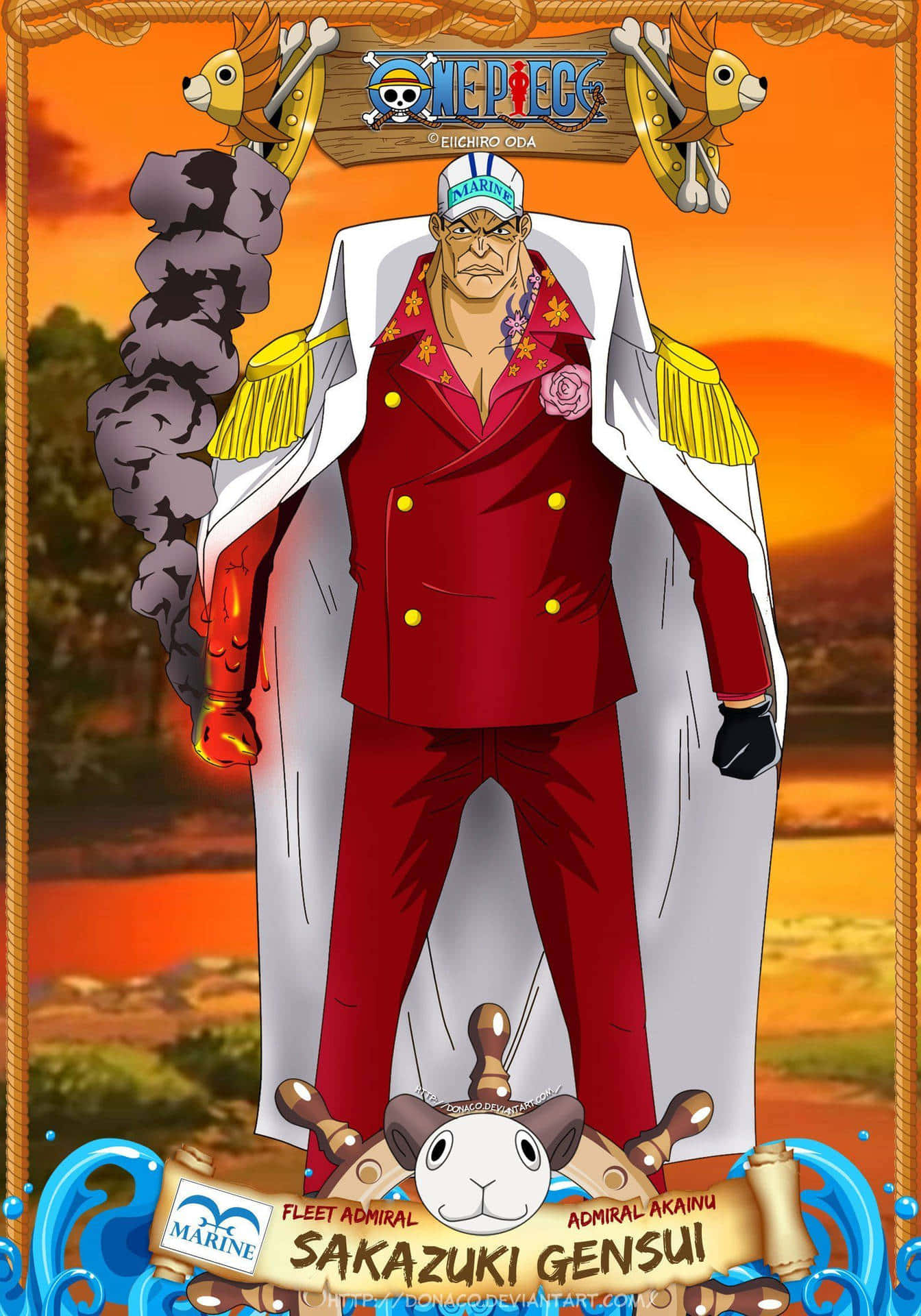 Marine Admiral 桌布 壁紙 — 一位嚴肅的動漫海軍上將，身穿紅色制服和白色外套，站在火熱的日落背景下，伴隨著煙霧和海軍徽章。