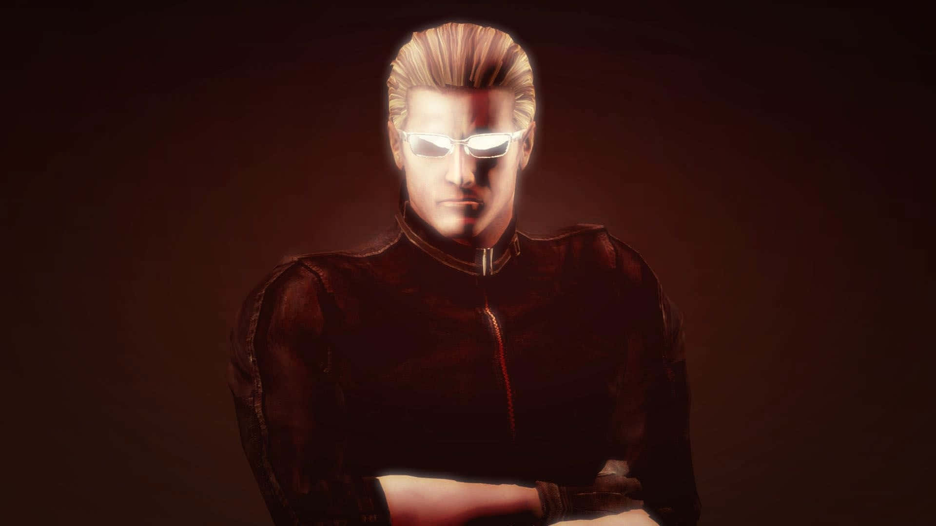 albert wesker 桌布 壁紙 — 一個嚴肅的動漫男人，戴著發光的白色太陽眼鏡，向後梳的金色頭髮，站在一個暗紅色燈光的房間裡。