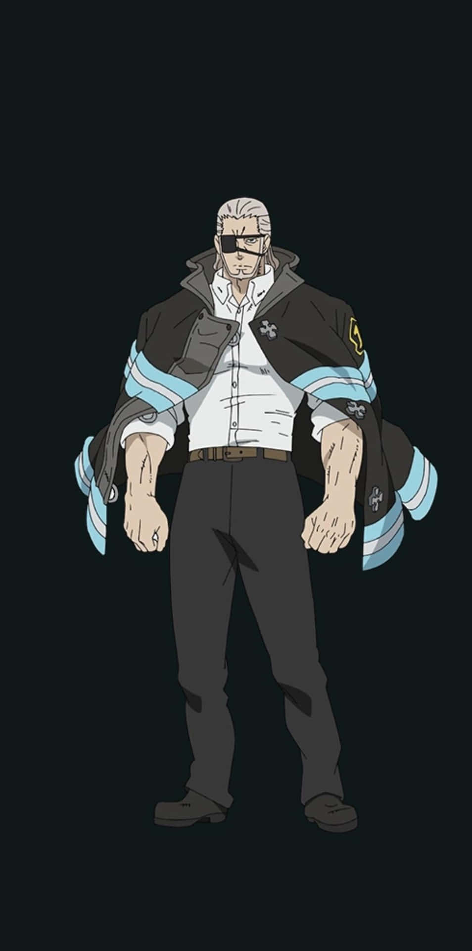  壁紙 — 一個嚴肅的動漫男人，白髮和眼罩，自信地穿著黑色外套站在黑色背景前。