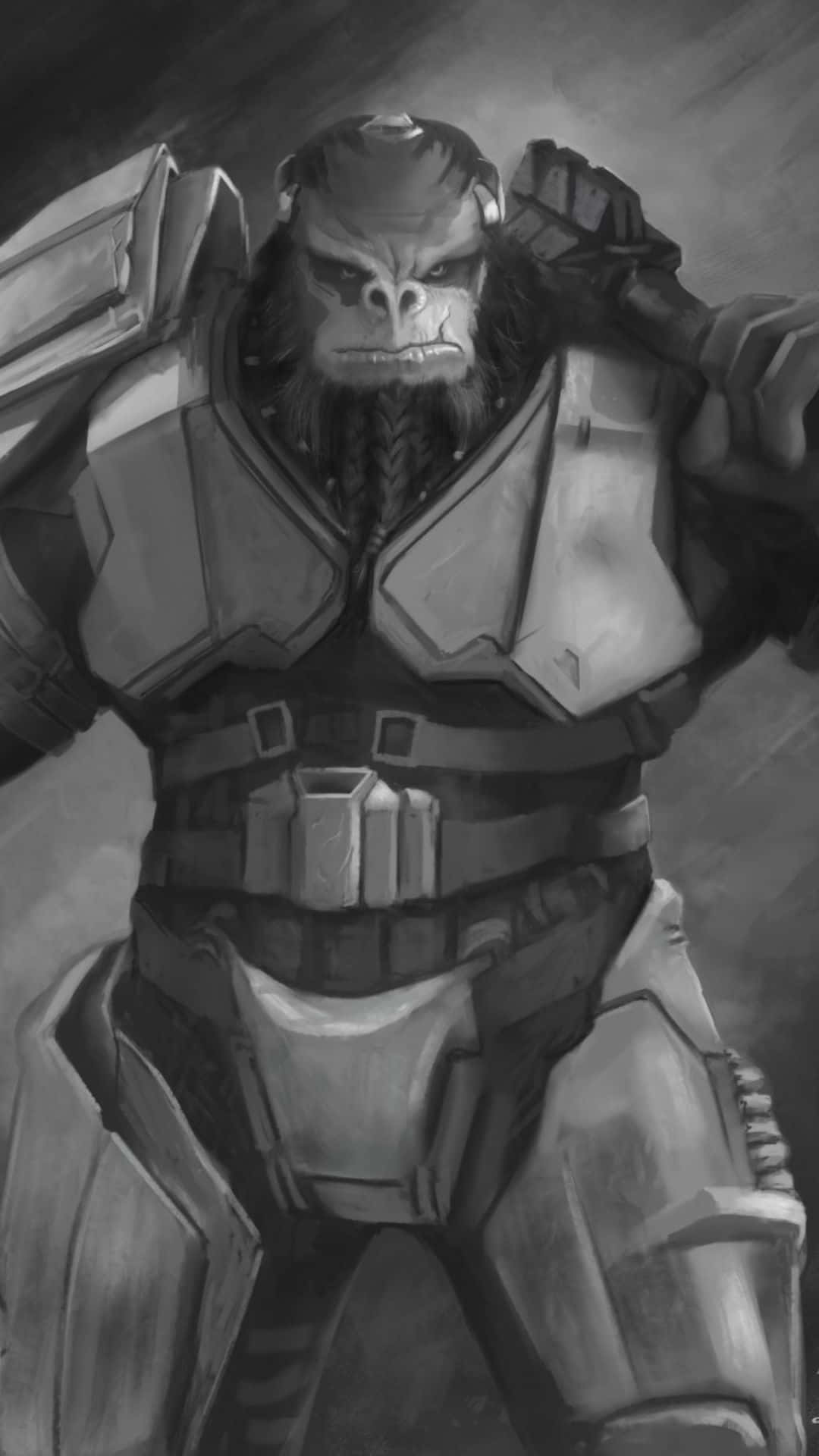 Atriox 桌布 壁紙 — 一個嚴肅的裝甲猿戰士以灰階站立，在煙霧繚繞的背景中緊握武器，專注力極強。