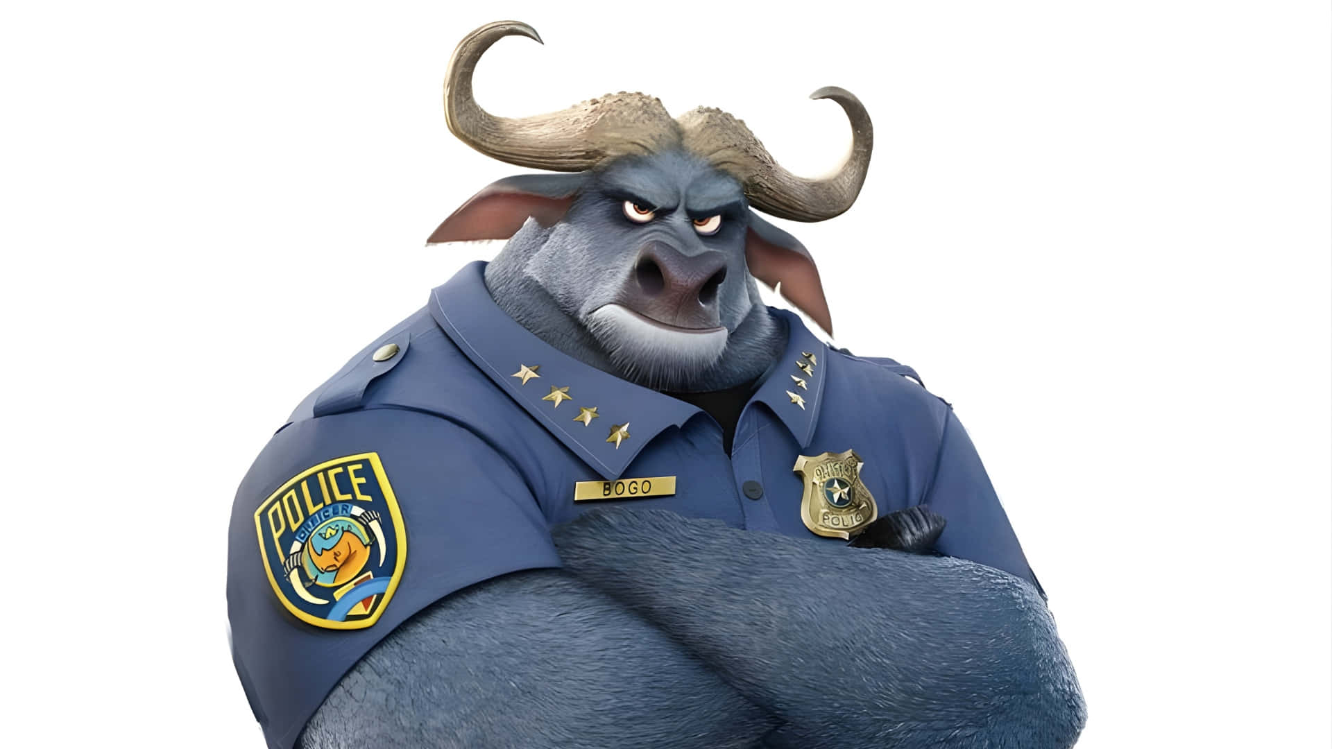  壁紙 — 一隻嚴肅的藍色公牛警察，彎曲的角，交叉雙臂，站在白色背景前。