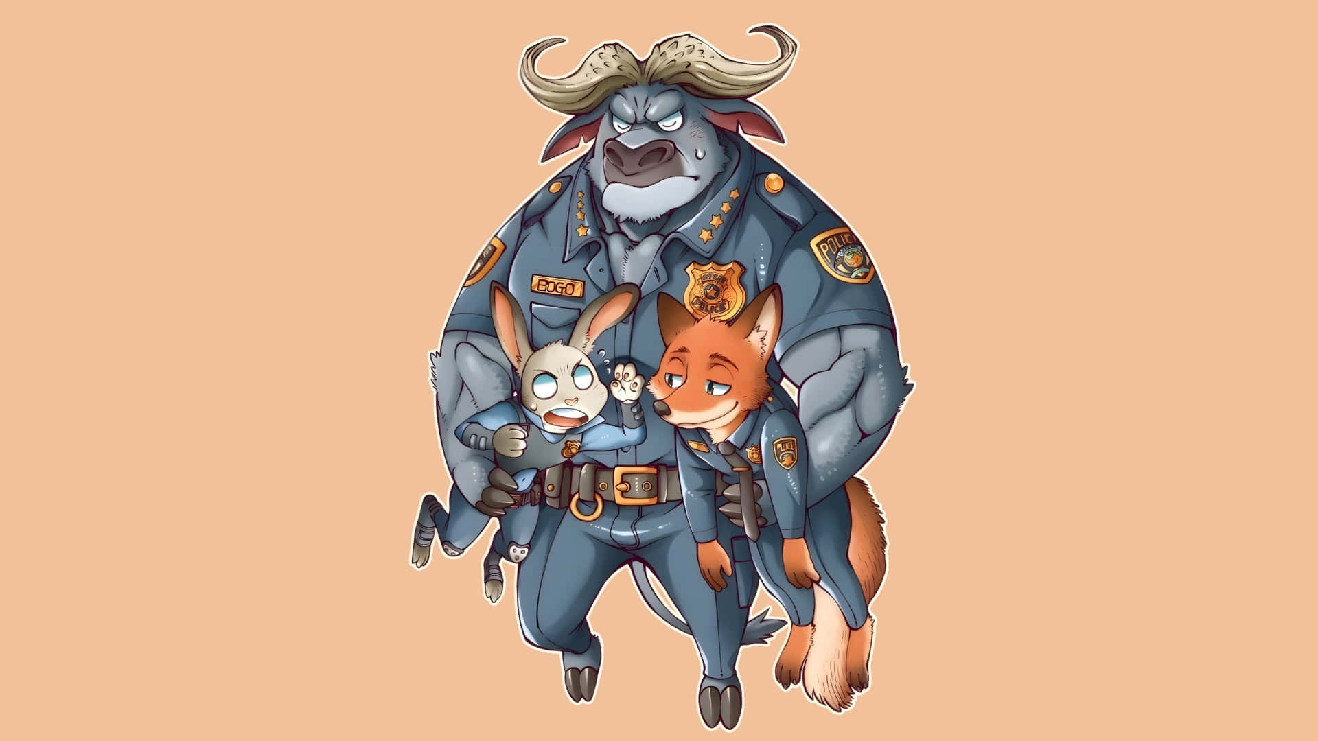  壁紙 — 一頭嚴肅的公牛警察抱著一隻驚訝的兔子和一隻自鳴得意的狐狸，背景是純蜜桃色。
