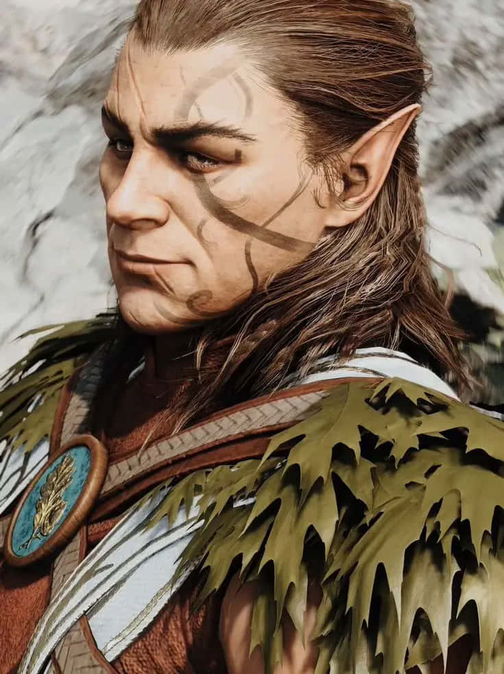 Baldur's Gate 3 Phone 桌布 壁紙 — 一位嚴肅的精靈戰士，尖耳朵和臉部紋身，穿著葉子盔甲，背景是岩石。