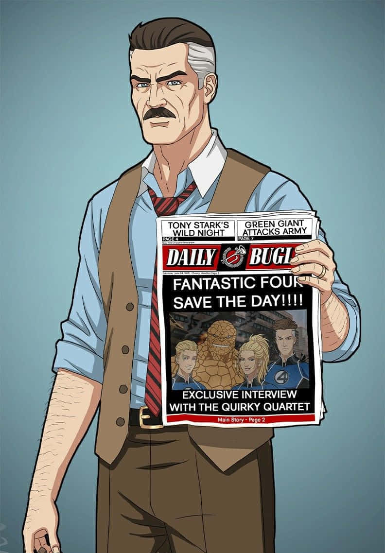 Daily Bugle 桌布 壁紙 — 一個穿著背心的嚴肅男人拿著一本漫畫書，書上有神奇四俠和關於超級英雄行為的頭條新聞。