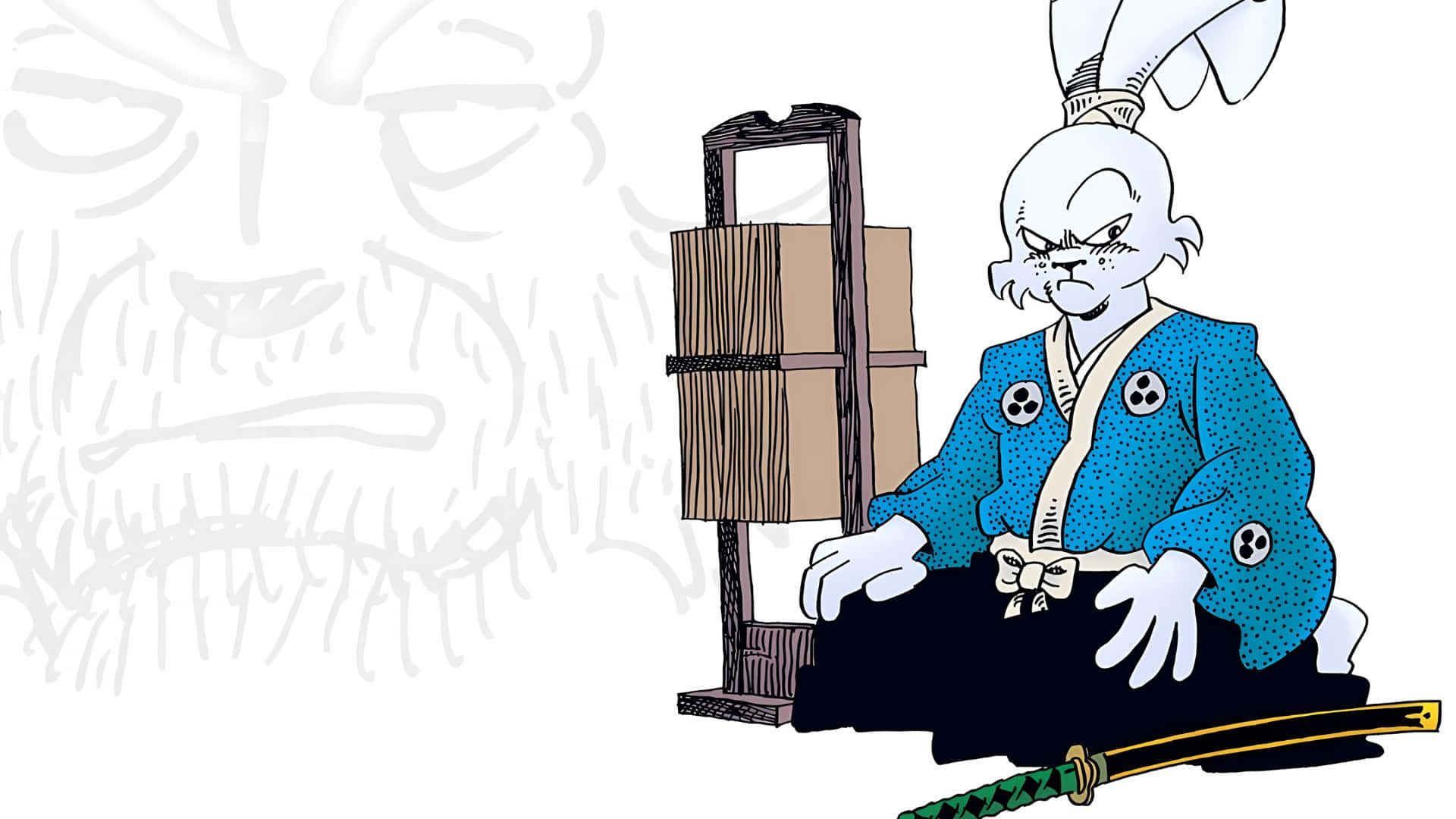  壁紙 — 一隻嚴肅的兔子武士穿著藍色和服，盤腿坐在一個木架旁邊，腳邊放著一把刀。