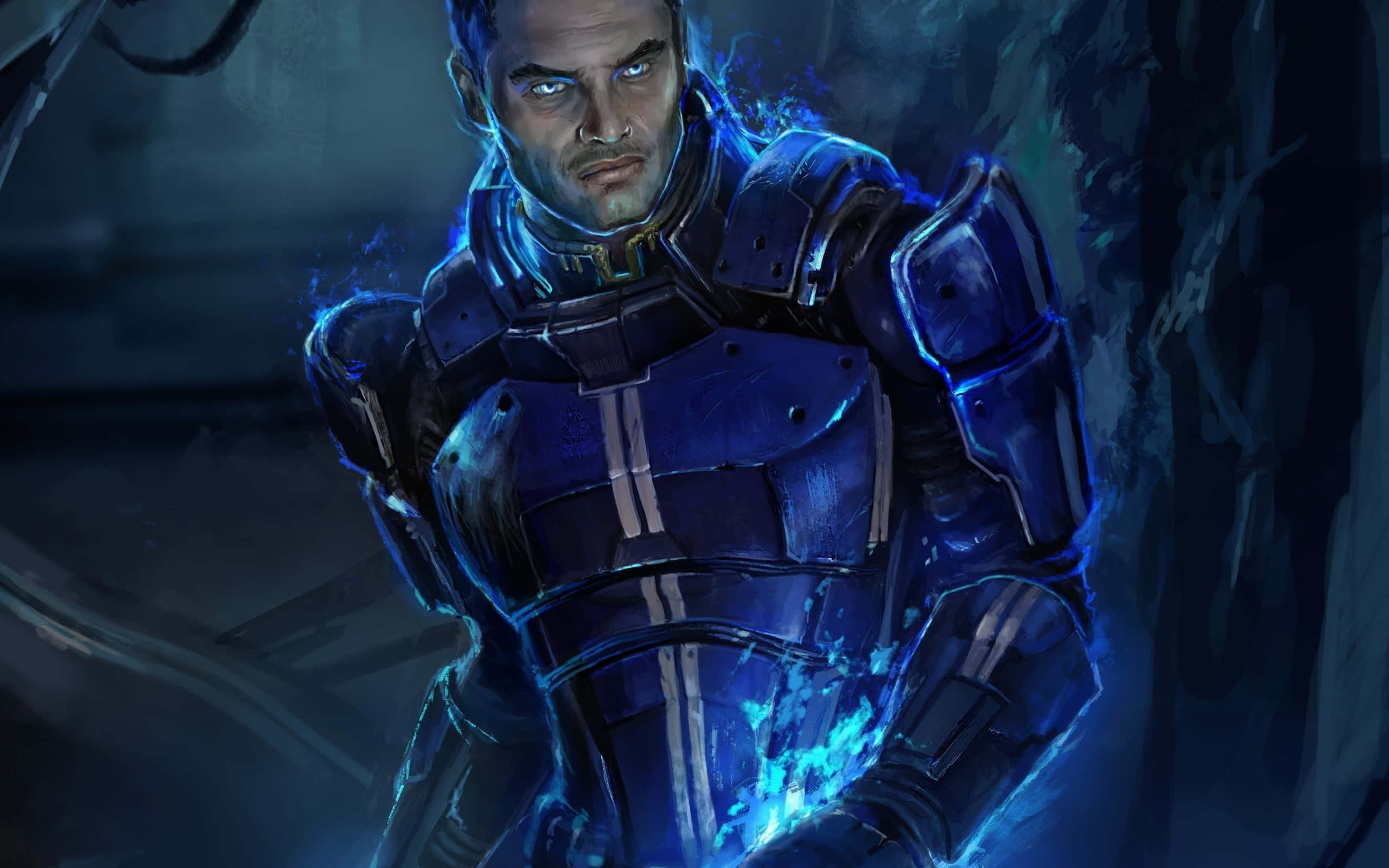 Kaidan Alenko 桌布 壁紙 — 一位嚴肅的戰士穿著發光的藍色盔甲，站在陰影黑暗中，電能在他的拳頭周圍劈啪作響。
