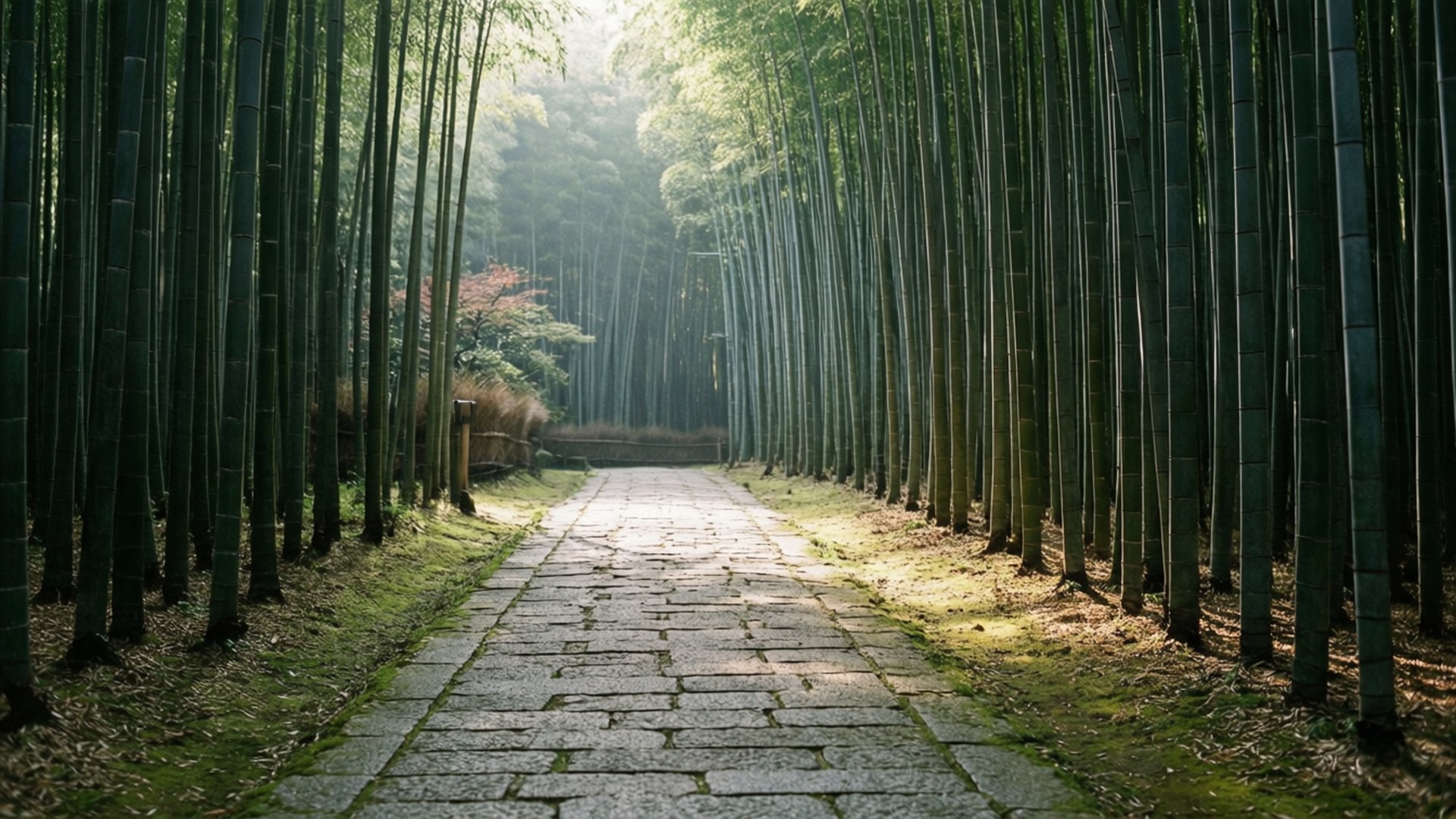 Bamboo Forest Path 壁紙 — 一條石徑蜿蜒穿過茂密的竹林，陽光透過高高的綠色竹竿灑落下來。
