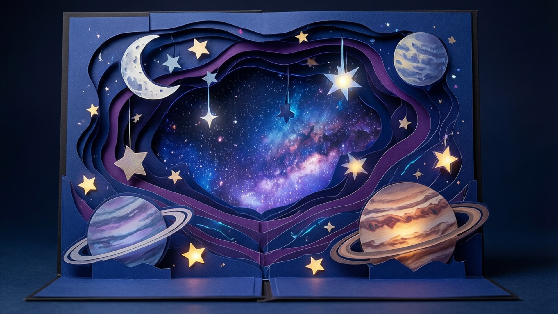 桌布 壁紙 — 一個令人驚嘆的3D紙雕宇宙場景，包含行星、星星和彎月，以深藍色和紫色層層疊加。