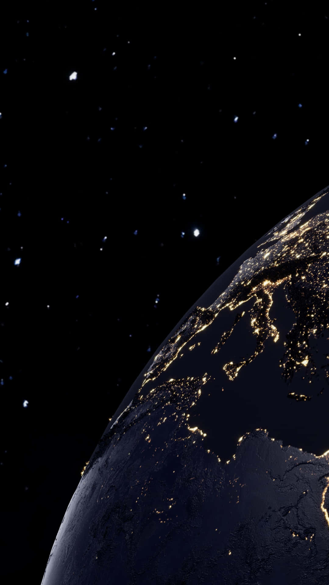  壁紙 — 從太空俯瞰地球的壯麗夜景，展現出在繁星點點的黑色天空中閃爍的城市燈光。