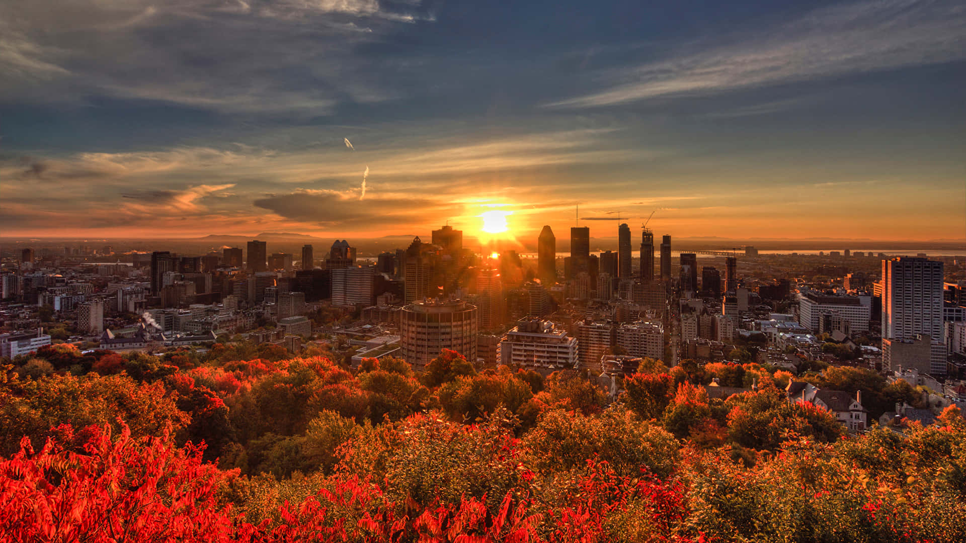Fall City 桌布 壁紙 — 壯麗的日落映襯著城市天際線，四周環繞著火紅與橙色的鮮豔秋葉。