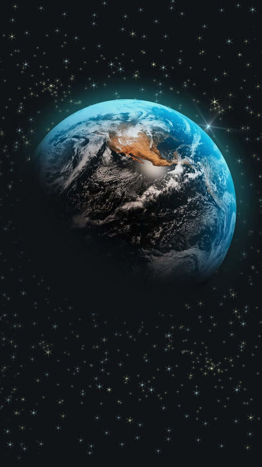  壁紙 — 從太空看到地球的壯麗景色，藍色海洋和白色雲朵在繁星點點的黑色天空中閃耀。