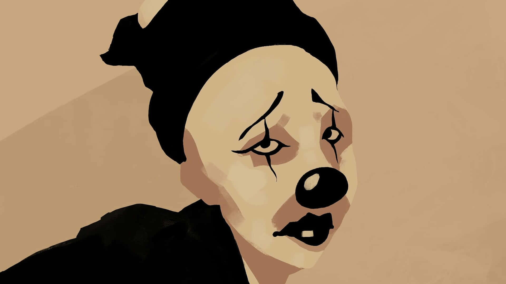  壁紙 — 一個風格化的插圖，描繪了一個悲傷的小丑，臉上畫著黑色妝容，帶著淚水表情，背景是米色。