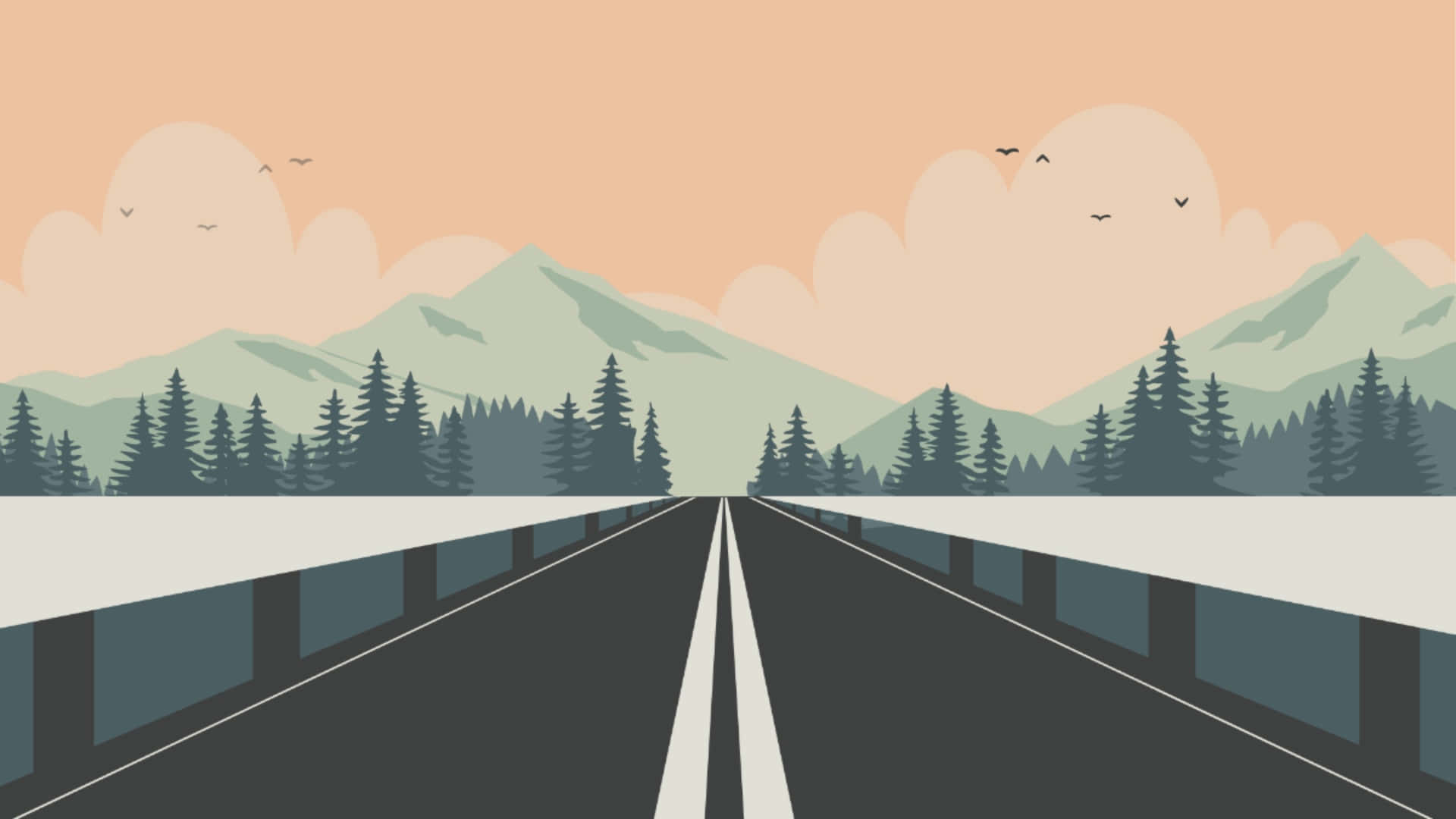  壁紙 — 一條風格化的道路延伸向遠山，兩旁是常綠樹，柔和的桃色天空下有鳥兒飛翔。