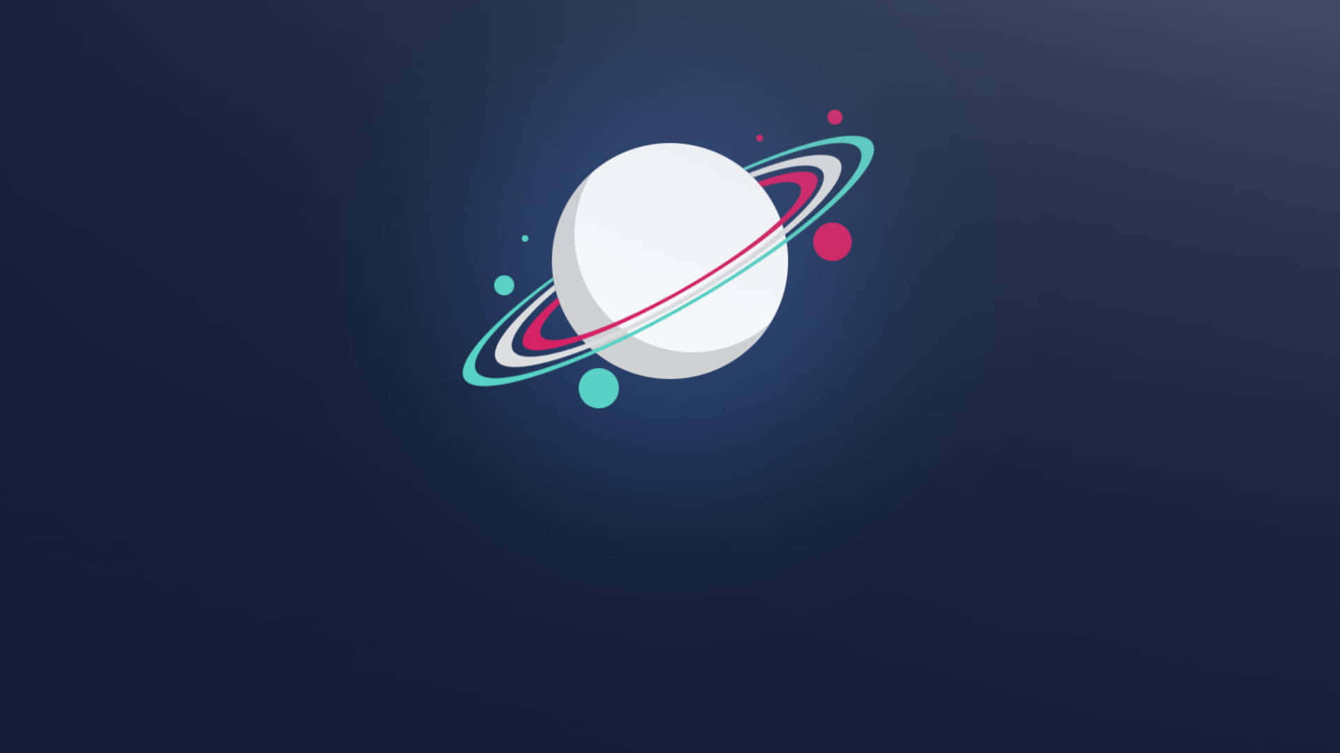 太空中一個帶有彩色環和漂浮球體的白色行星。