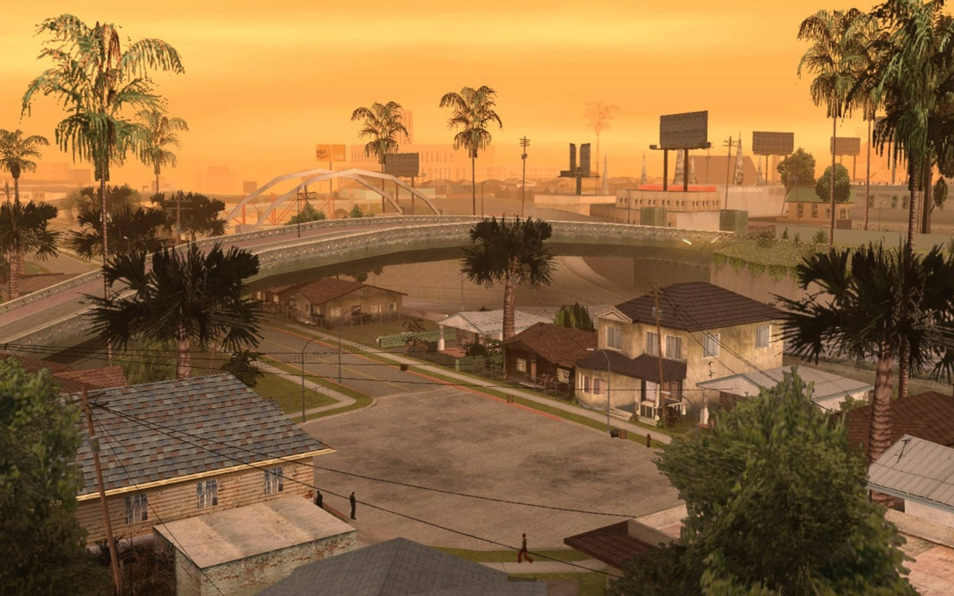 Gta 桌布 壁紙 — 夕陽以溫暖的橙色光芒沐浴著郊區社區，棕櫚樹環繞著一條寧靜街道上的弧形橋樑。