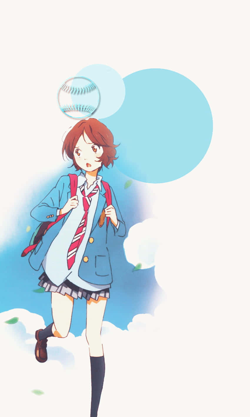  壁紙 — 一個穿著校服的驚訝動漫女孩在雲中奔跑，頭頂上漂浮著一個棒球。