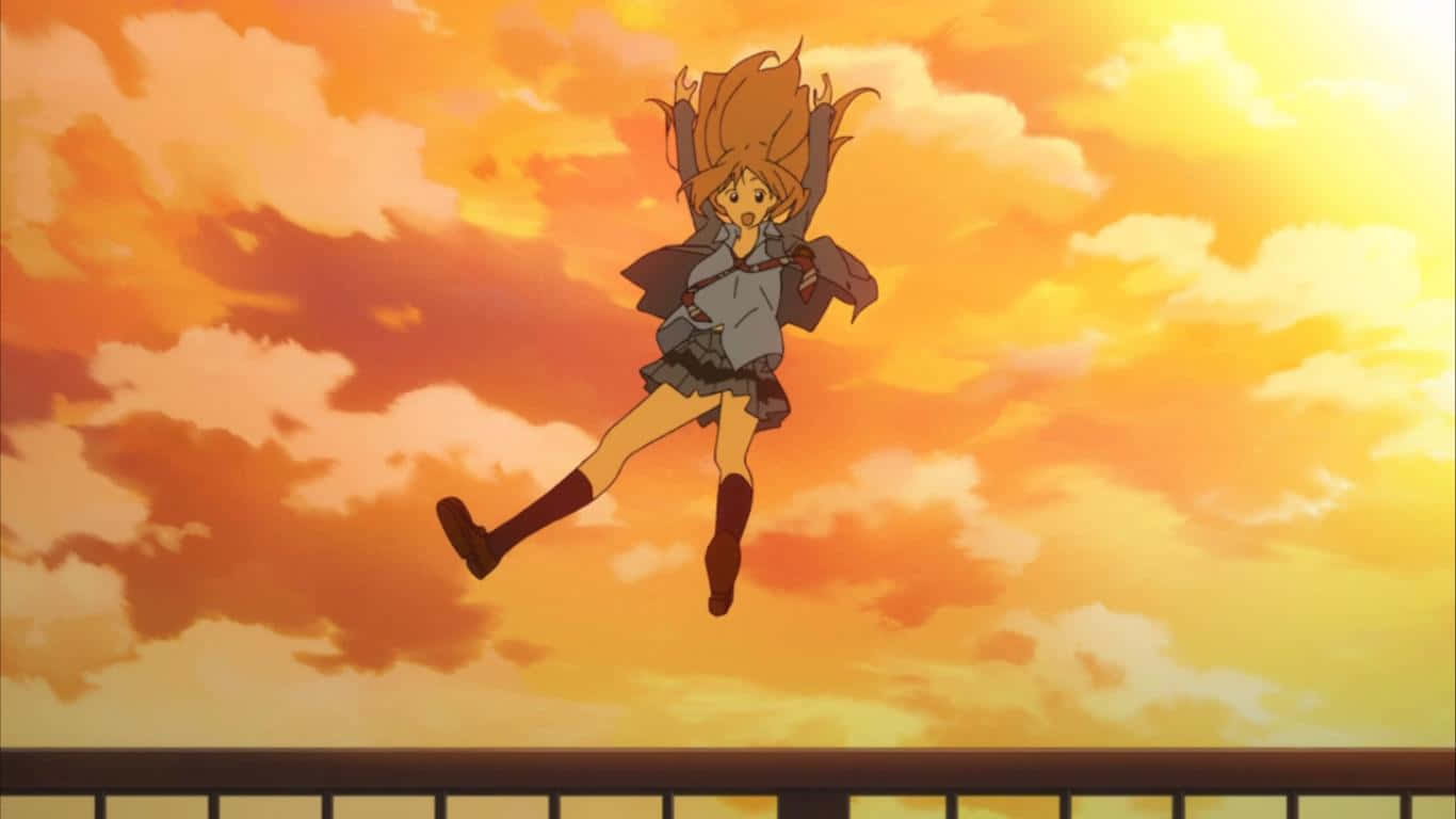 動漫女孩漂浮在日落天空中，有橙色雲朵和驚訝表情。