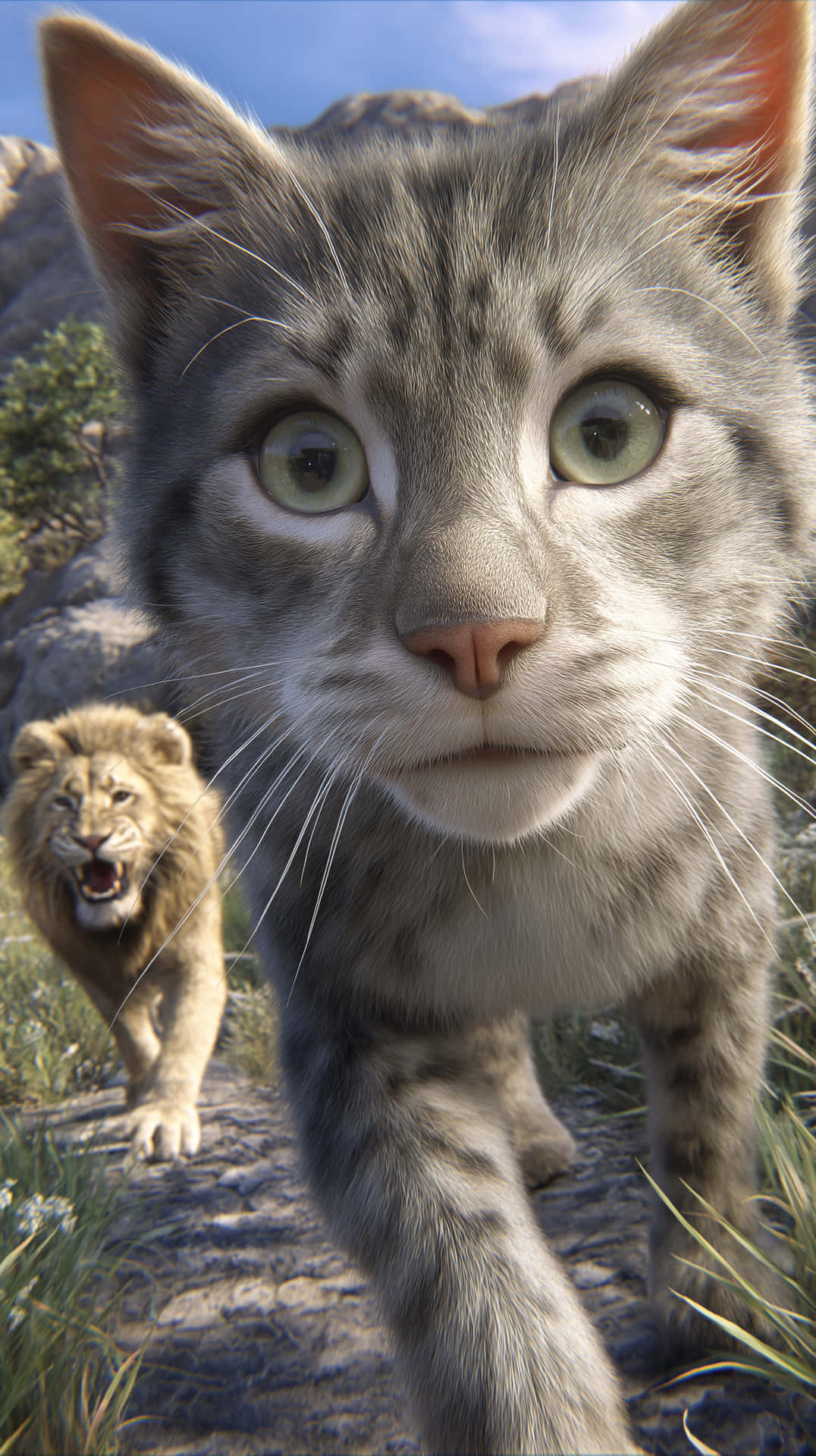 A surprised realistic cat took a selfie 壁紙 — 一隻灰色虎斑貓專注地凝視著觀眾，而一頭咆哮的獅子從後方接近，背景是陽光照耀的岩石小徑。