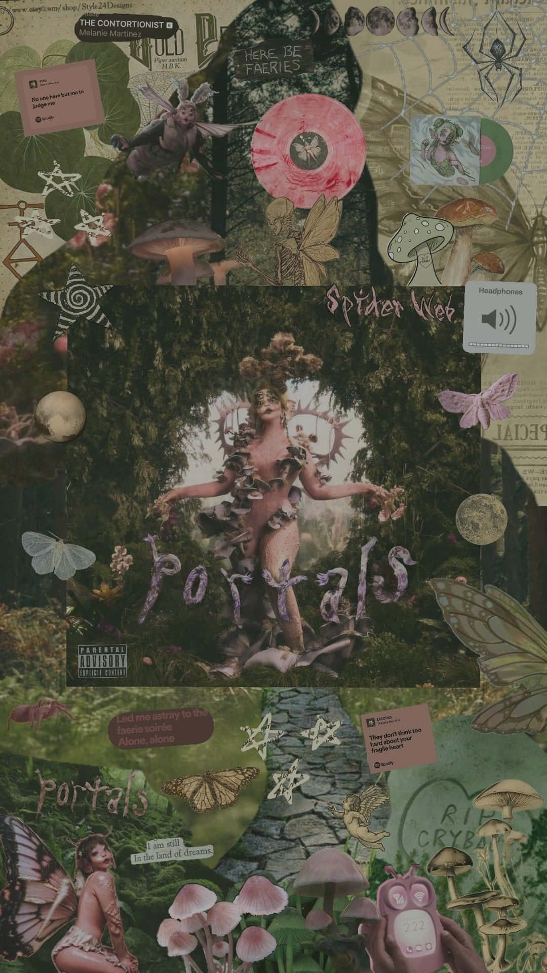  壁紙 — 一幅超現實的拼貼畫，包含仙女、蘑菇和復古專輯藝術，創造出神秘的森林傳送門場景。
