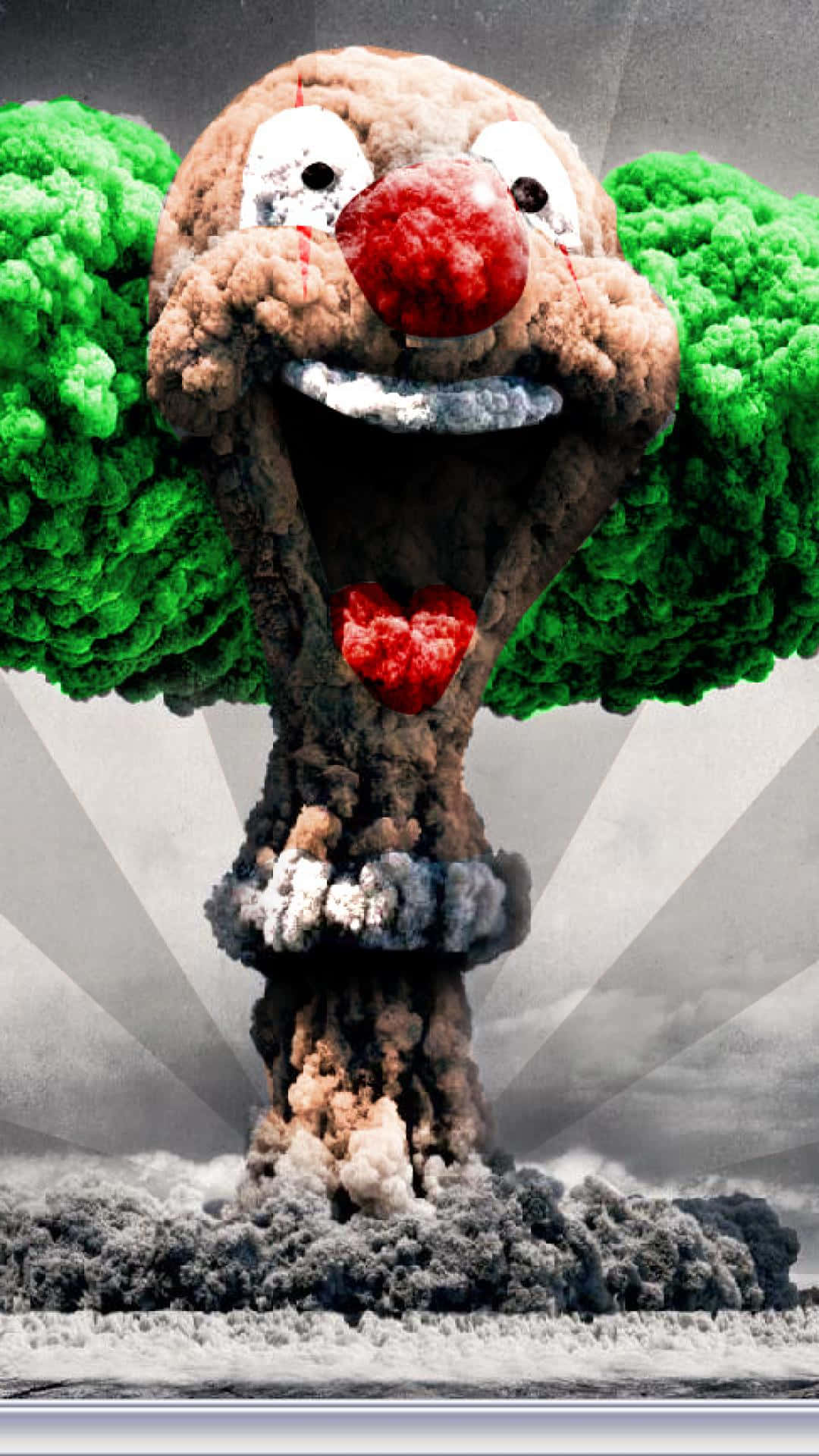 一個核蘑菇雲，風格化為一個尖叫的小丑，帶有綠色煙霧翅膀和一個紅色心形。