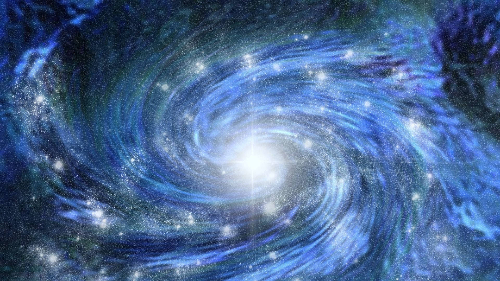 一個發光的藍色螺旋星系，帶有旋轉的旋臂和明亮的星星。