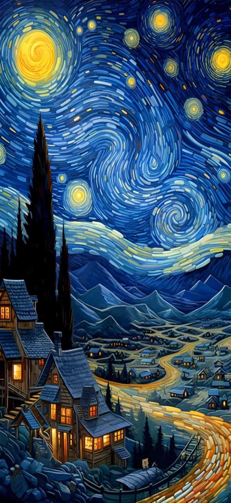  壁紙 — 一個旋轉的星空，發光的黃色球體懸浮在一個坐落在山中的古樸村莊上空，村莊的窗戶透出溫暖的燈光。