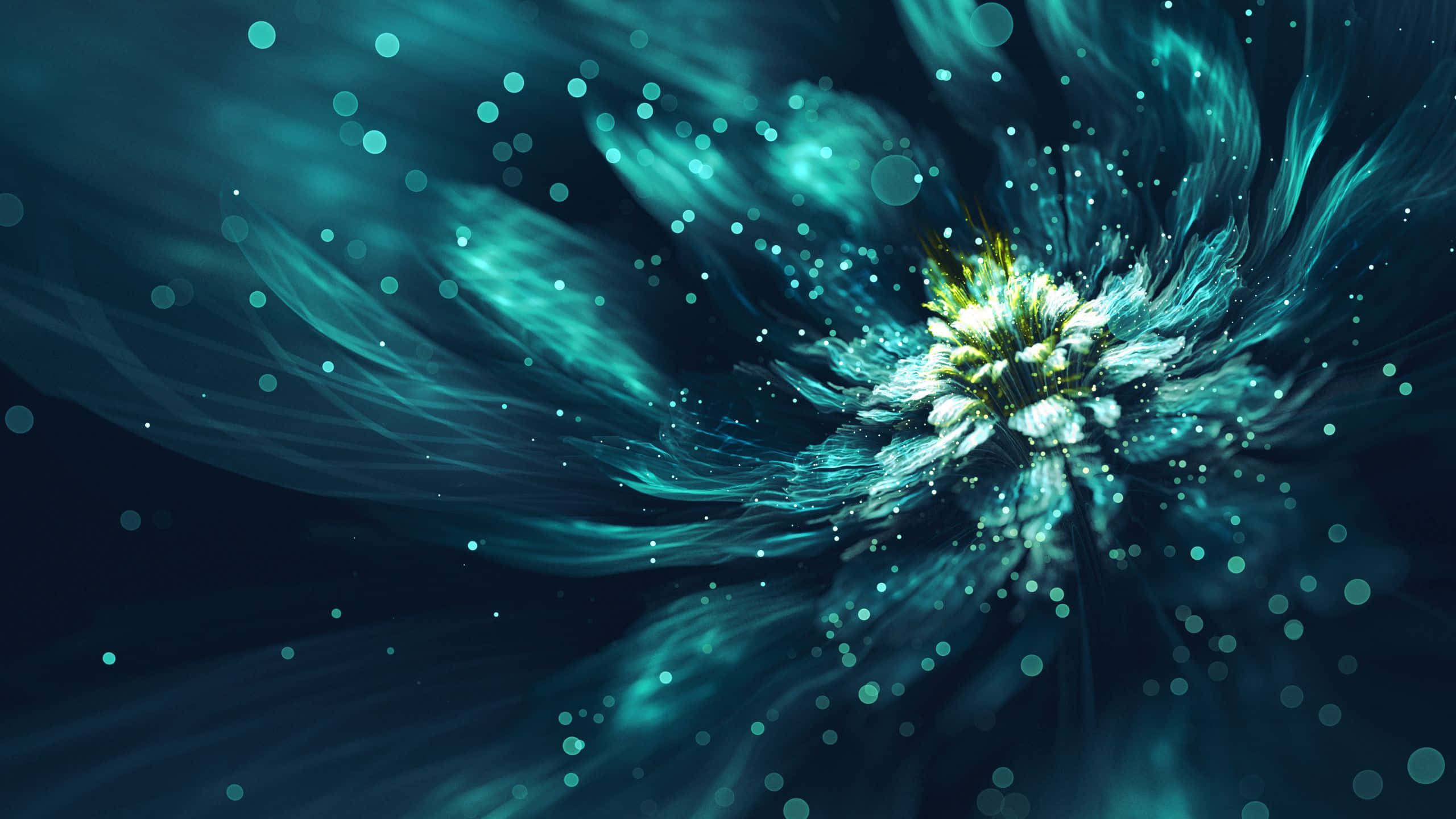 Teal Blue 桌布 壁紙 — 一個旋轉的青綠色宇宙漩渦，帶有發光粒子，從明亮的中心核心向黑暗背景輻射。