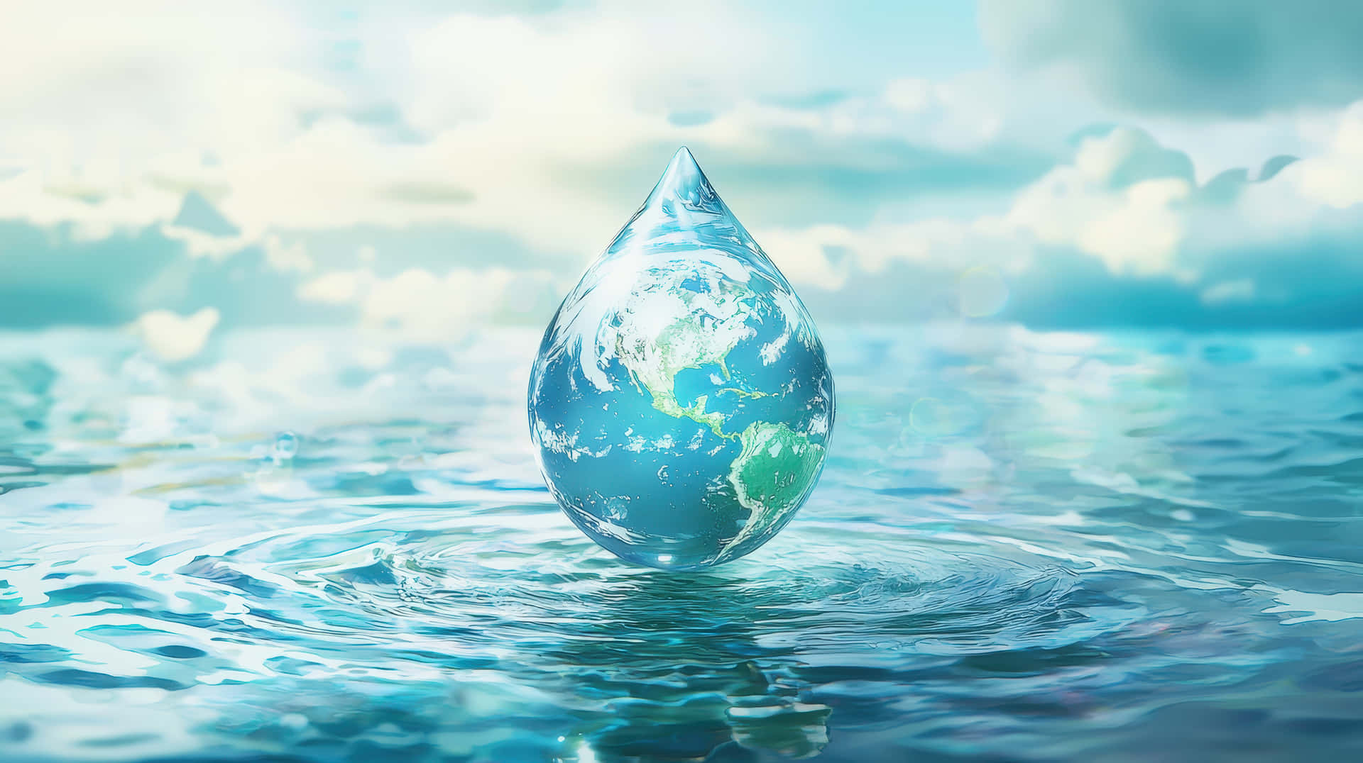 一個倒映著地球的大水滴漂浮在海浪上