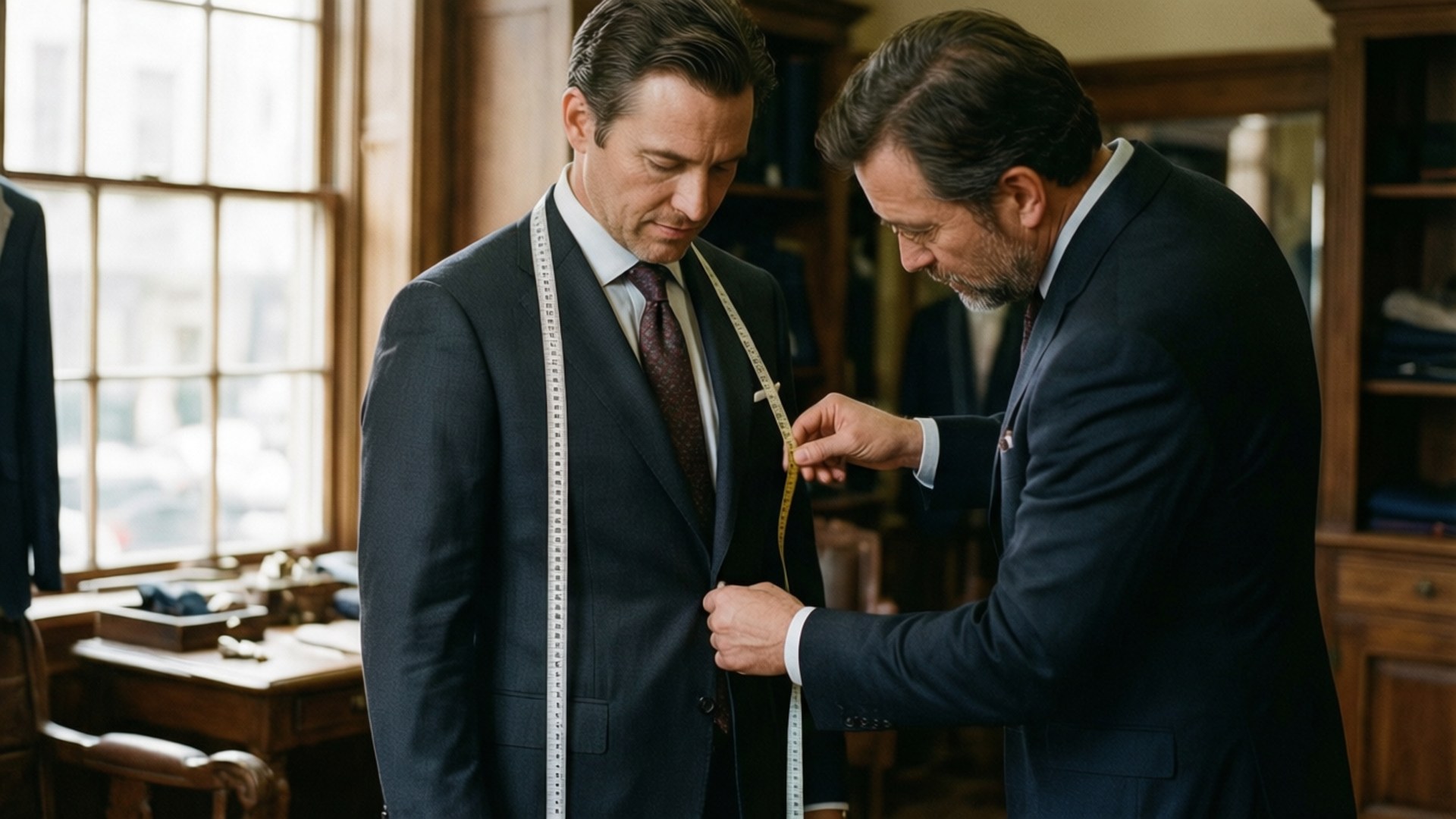 The Measure of Luxury 壁紙 — 一位裁縫在經典的木製試身室內，仔細地為一位穿著訂製西裝的男士量度尺寸，房間有大窗戶。