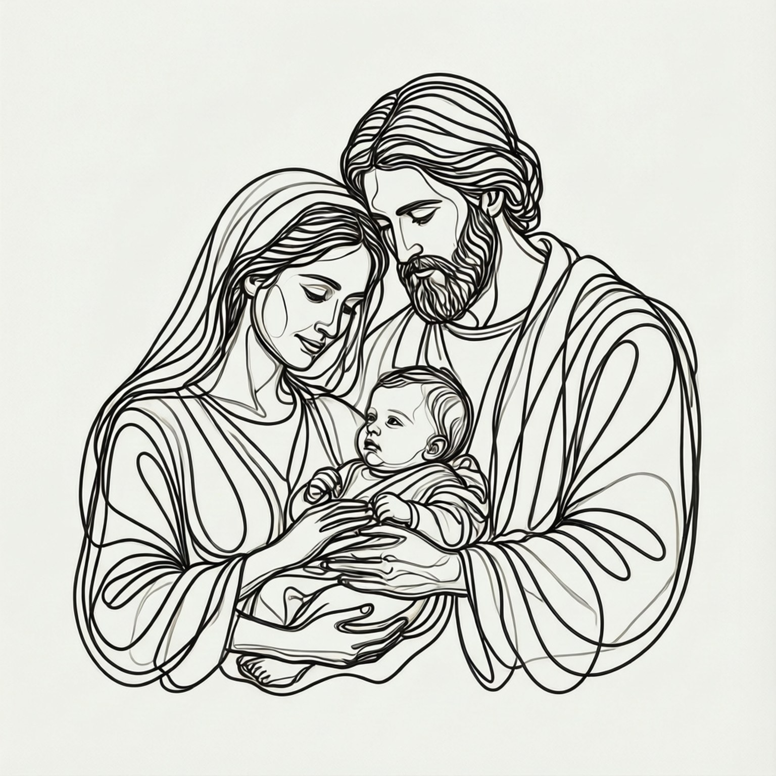 Line Art Nativity 壁紙 — 一幅溫柔的黑色線條畫，描繪一家三口穿著飄逸長袍擁抱嬰兒，風格簡約。