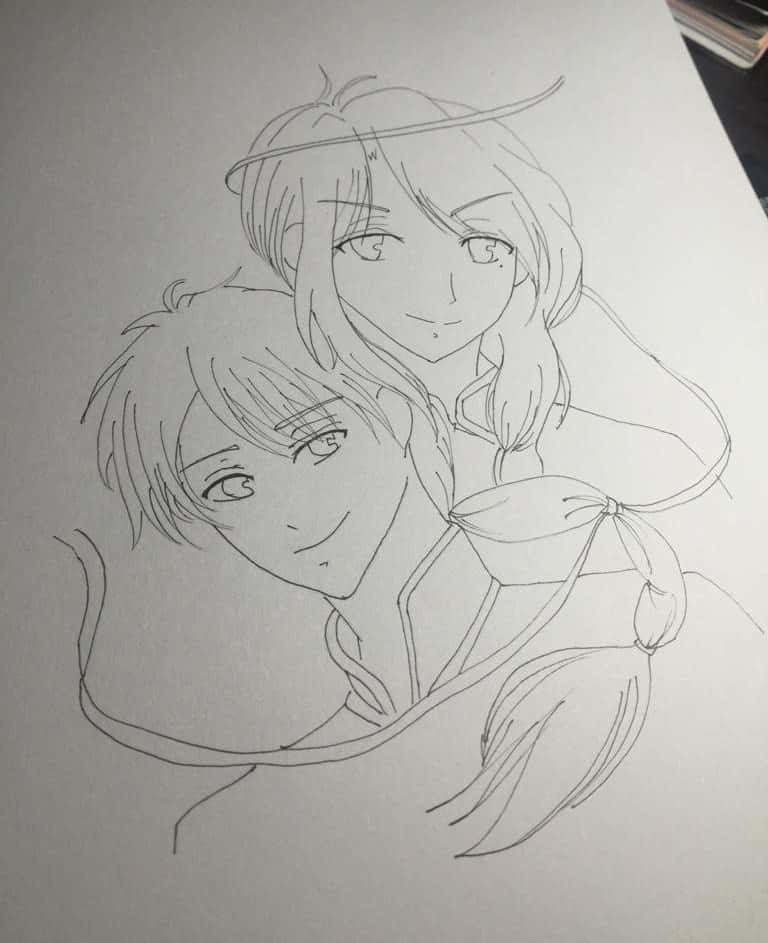 Fushigi Yuugi Nuriko 桌布 壁紙 — 一幅溫柔的鉛筆素描，描繪兩個動漫角色擁抱，帶著柔和的笑容和飄逸的頭髮。