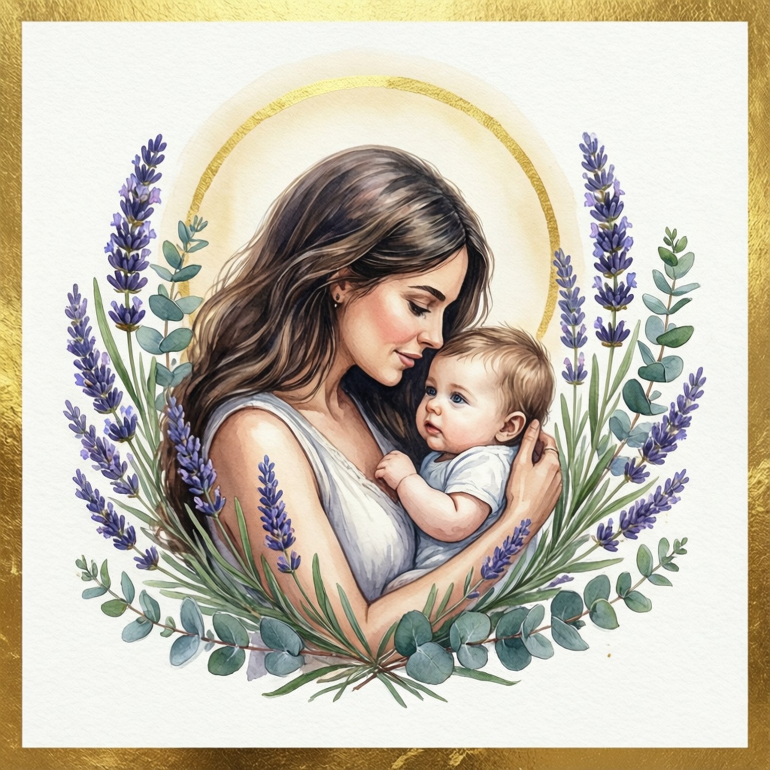母親抱著嬰兒，以薰衣草和桉樹為框，帶有金色光環。