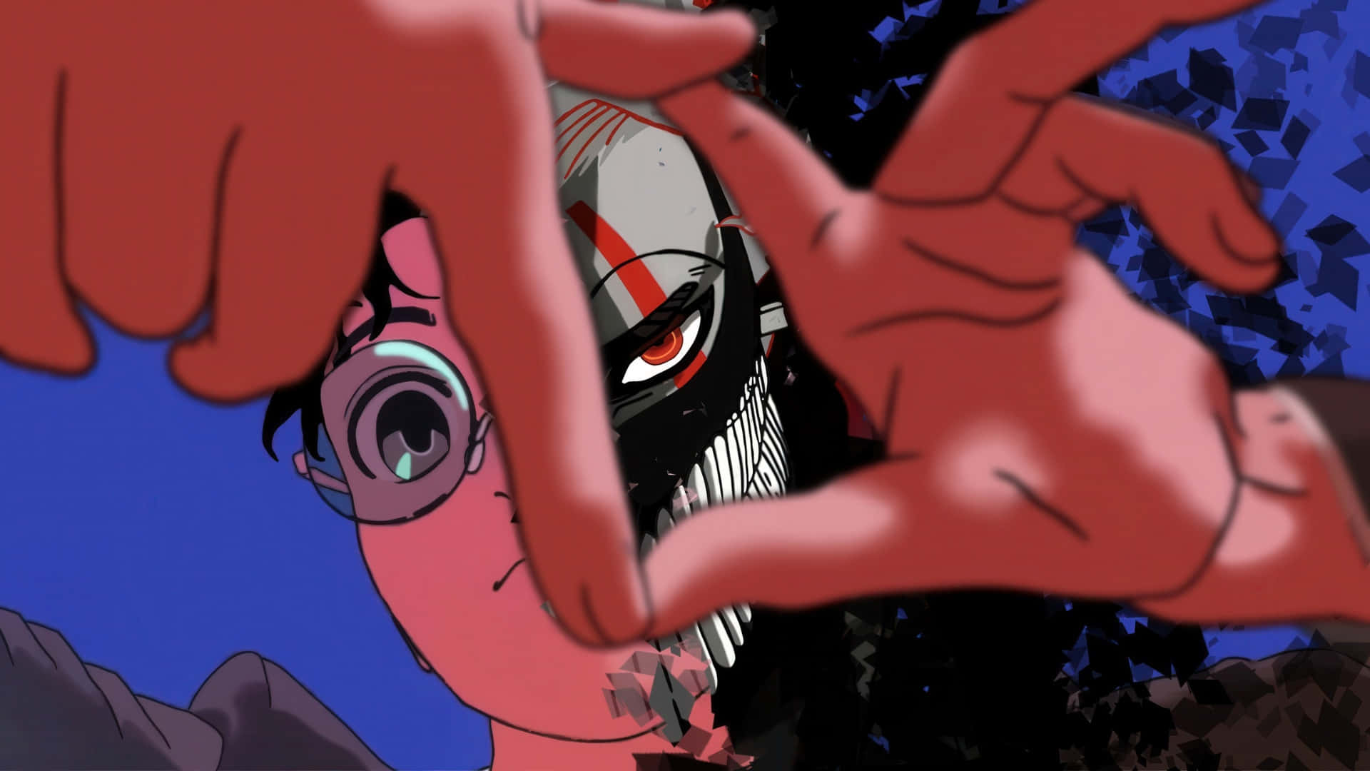  壁紙 — 一個戴眼鏡的驚恐動漫女孩被兩隻紅手框住，身後一個 monstrous 巨人對著深藍色天空若隱若現。