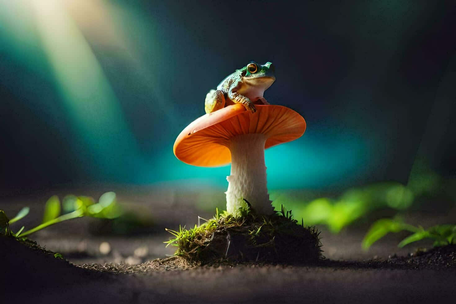  壁紙 — 一隻小綠蛙棲息在一個鮮豔的橙色蘑菇上，在柔和的森林光線下閃閃發光。