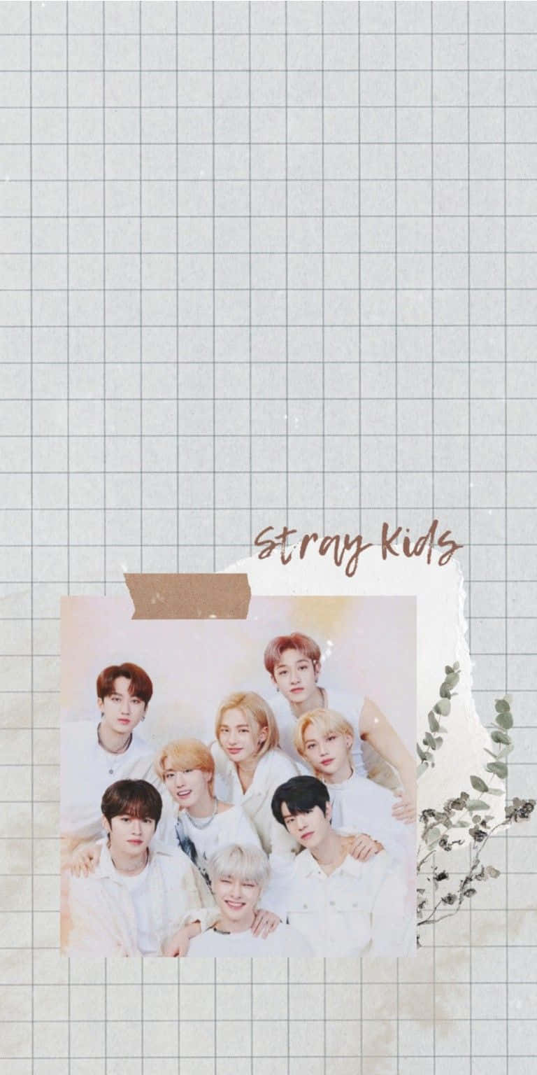  壁紙 — 一張Stray Kids穿著白襯衫的撕破照片，用膠帶貼在淺灰色方格紙背景上，並配有尤加利葉枝條。
