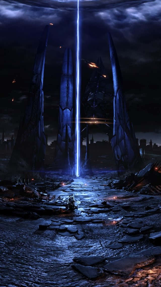 Mass Effect Trilogy 桌布 壁紙 — 一道高聳的藍色能量光束刺穿暴風雨夜空，下方是廢墟城市景觀，有鋸齒狀巨石和發光的餘燼。
