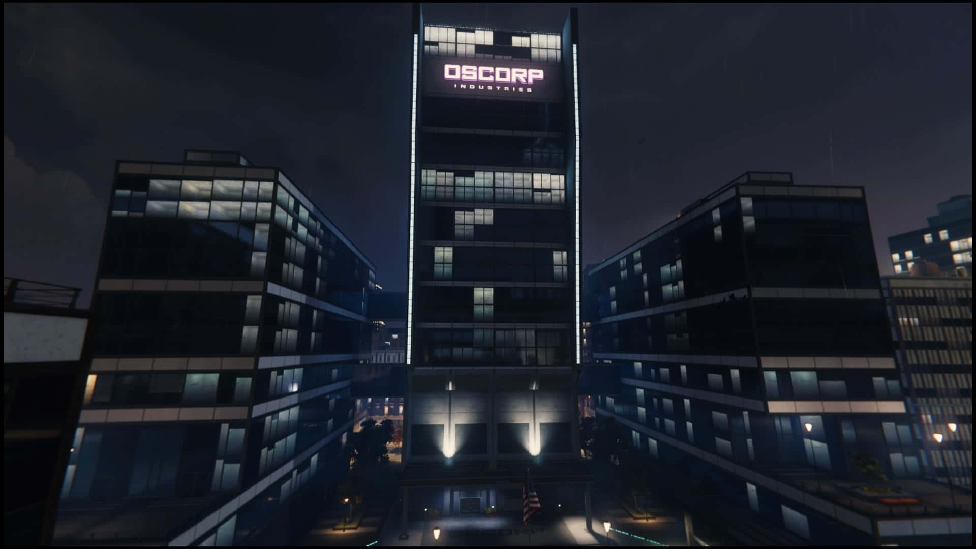  壁紙 — 一座高聳的OScorp Industries摩天大樓在黑暗的雨夜天空下，在未來主義的城市環境中閃爍著霓虹燈光。