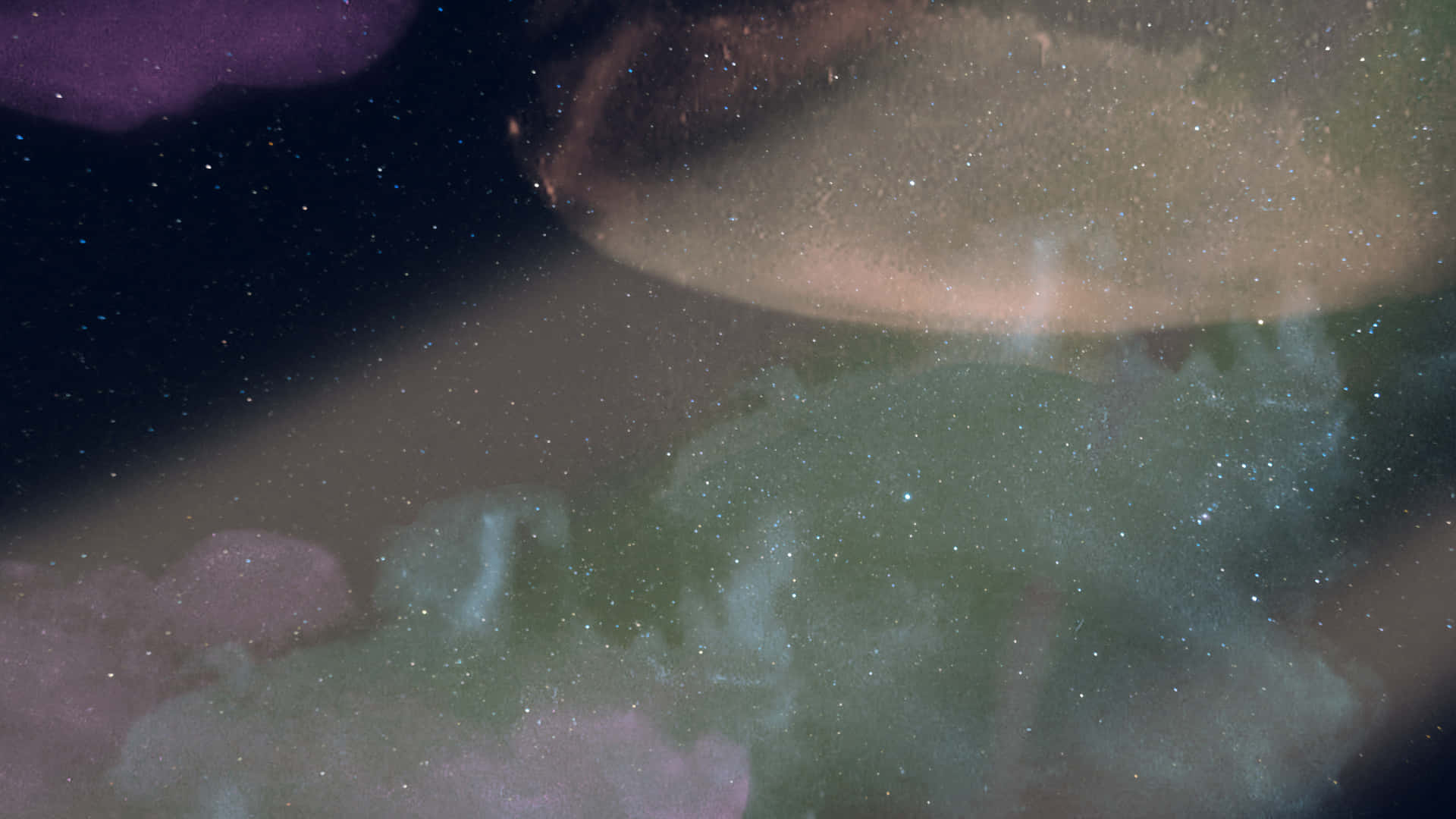 太空 桌布 壁紙 — 一隻半透明的水母在繁星點點的宇宙背景下柔和發光，背景有紫色、綠色和棕色調的漩渦星雲。