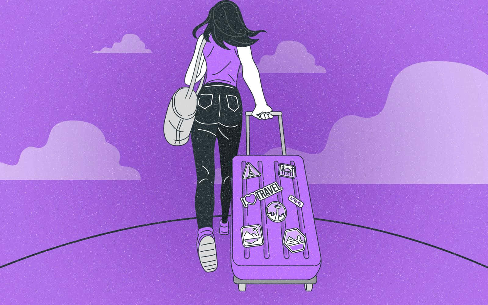  壁紙 — 一位旅行者帶著紫色行李箱和背包，在夢幻的紫色天空下，沿著彎曲的小路走開，天空中有柔軟的雲朵。