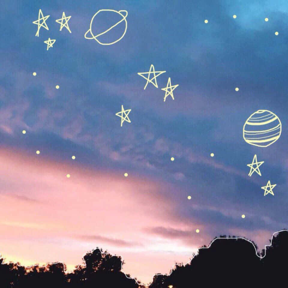  壁紙 — 黃昏天空以粉紅和藍色調繪製，手繪星星和行星漂浮在黑暗剪影景觀之上。
