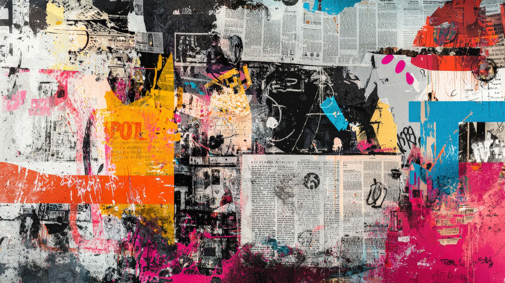 A vibrant abstract artwork combining graffiti elements with newspaper clippings, ancolorful splashes 壁紙 — 一個充滿活力的抽象拼貼畫，由撕碎的新聞剪報組成，上面濺滿了鮮豔的粉紅色、橙色、黃色和藍色油漆。