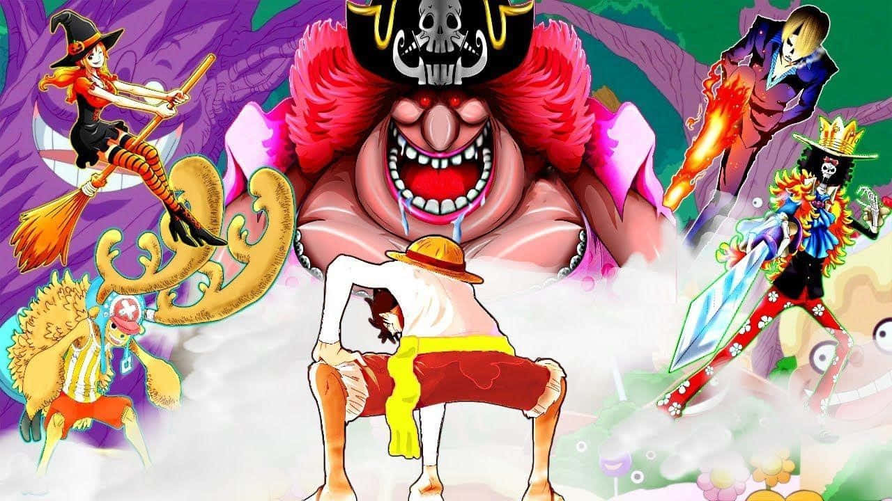 動漫角色在混亂的戰鬥場景中與巨型海盜首領對峙。