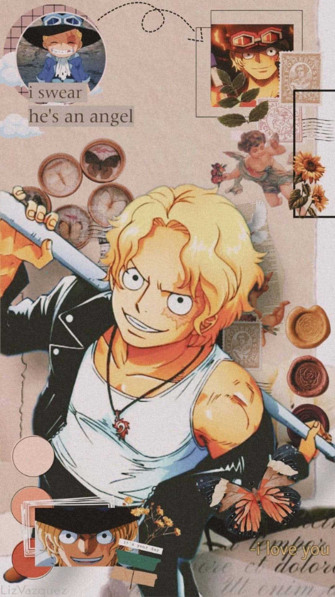 Sabo 桌布 壁紙 — 一個充滿活力的動漫拼貼畫， featuring 一個金髮角色手持劍，被明信片、蝴蝶和手寫語錄環繞。