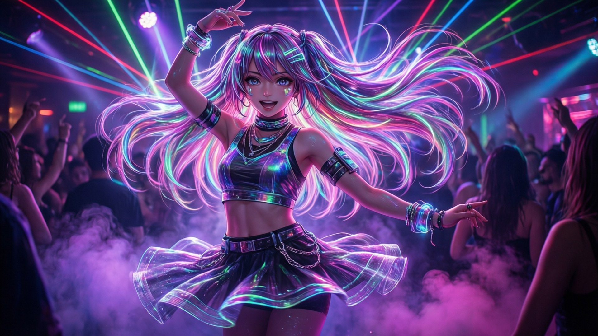 Rave 桌布 壁紙 — 一位充滿活力的動漫女孩，擁有發光的霓虹髮色，在擁擠的夜店中隨著耀眼的激光燈光充滿活力地跳舞。