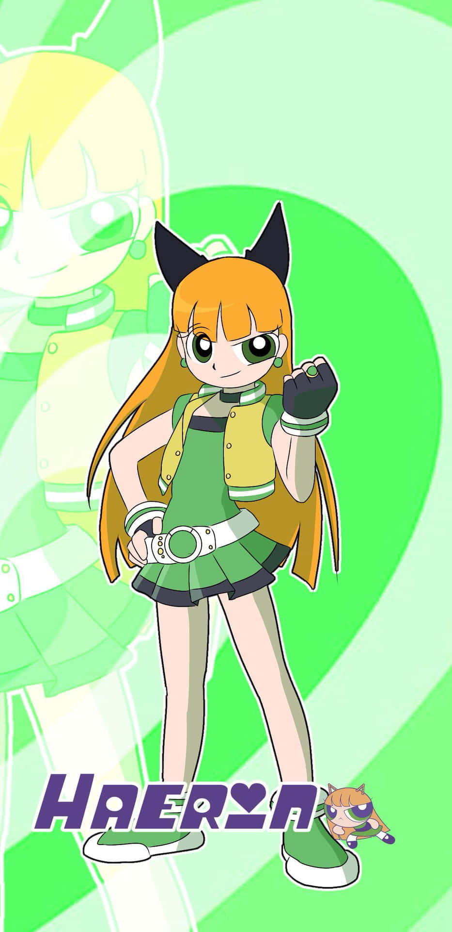  壁紙 — 一個充滿活力的動漫女孩，橙色頭髮和貓耳朵，穿著綠色服裝，自信地站在旋轉的淺綠色背景前。