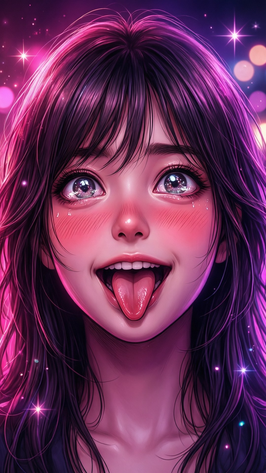 Aheago 桌布 壁紙 — 一個充滿活力的動漫女孩，紫色頭髮和閃閃發光的眼睛，在發光的宇宙背景前伸出舌頭。