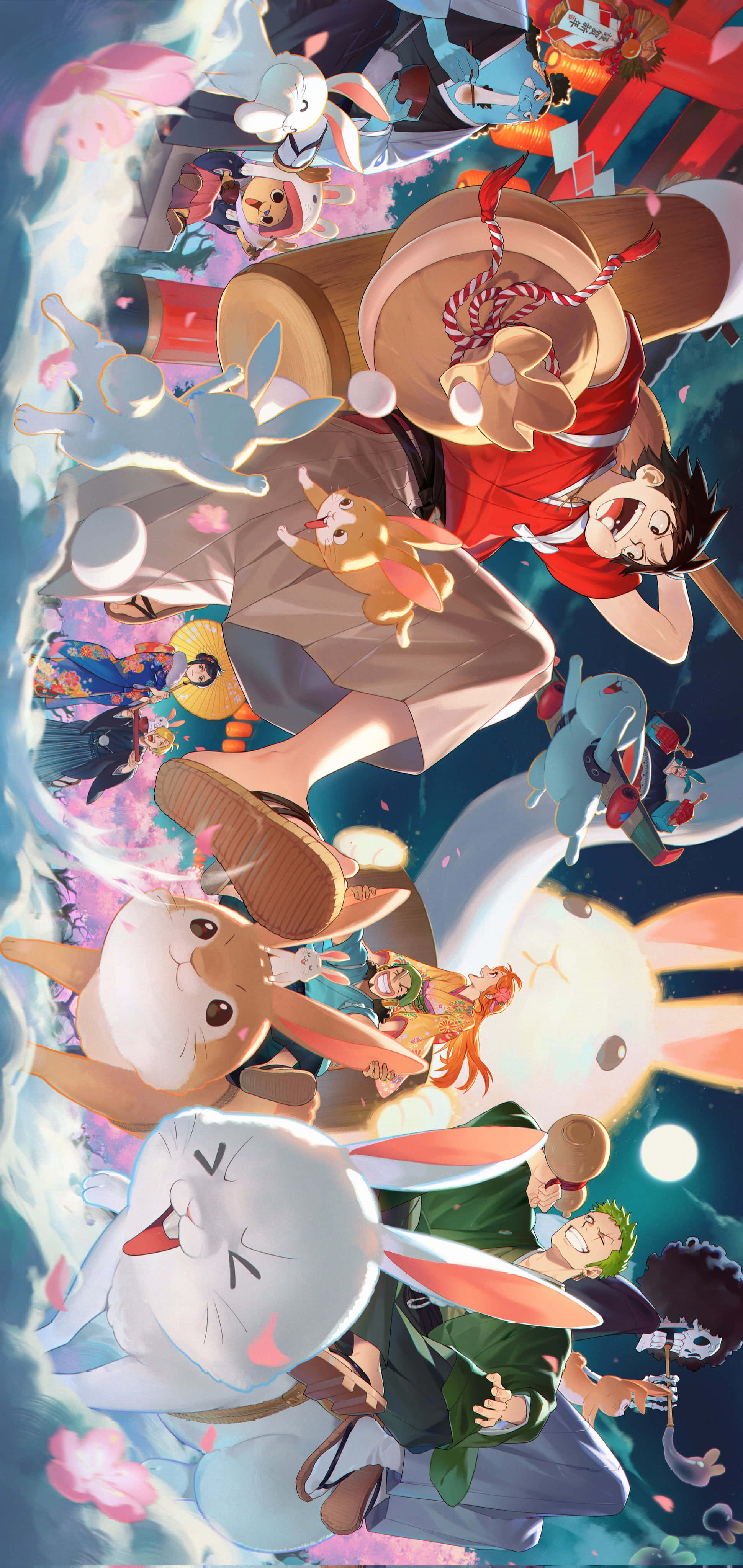 One Piece Christmas 桌布 壁紙 — 一個充滿活力的動漫場景，一個快樂的男孩被漂浮的兔子和色彩繽紛的角色包圍在神奇、夢幻的天空中。