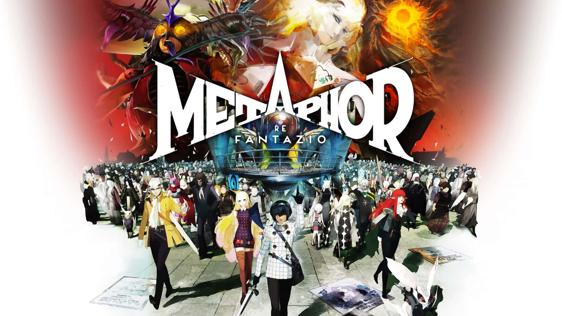  壁紙 — 一張充滿活力的動漫風格宣傳海報，為Metaphor ReFantazio展示多樣角色在戲劇性的奇幻場景中。